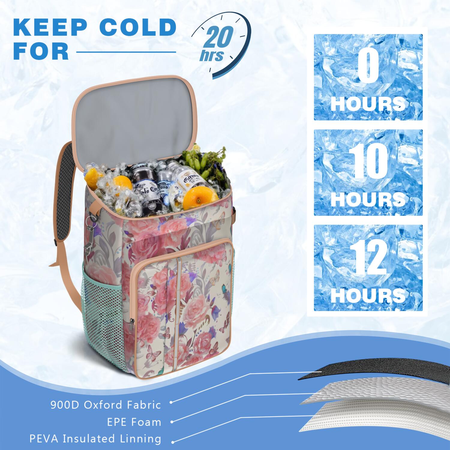 Travel Cooler Bag - Pioneer Flower Floral Print Pattern Camping Beer Cooler Backpack with Bottle Opener- Waterproof Insulated Picnic Backpacks - Cooler Bag for Beach