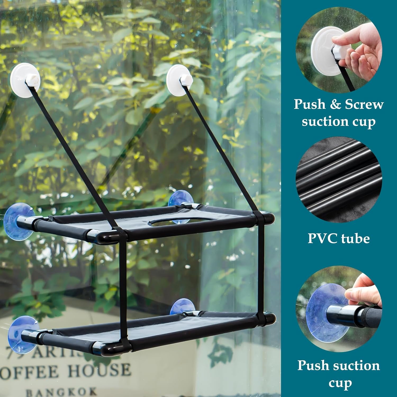 OhhGo Double Layer Cat Window Perch, Cat Hammock Sturdy Cat Window Bed Perch Furniture  Cat Shelf for Multiple Cats, Indoor Window Mounted, Black