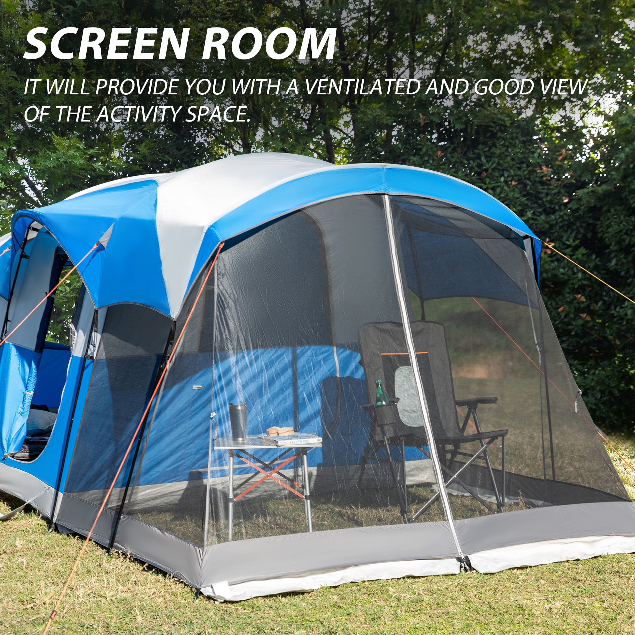 PORTAL 8 Person Camping Tent, Portable Cabin Tent for Family with Rainfly and Screen Porch, 20ft * 8ft * 74in, Blue