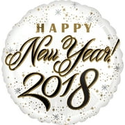 Anagram Happy New Year 2018 Stars Round 18" Foil Balloon, White Black Gold