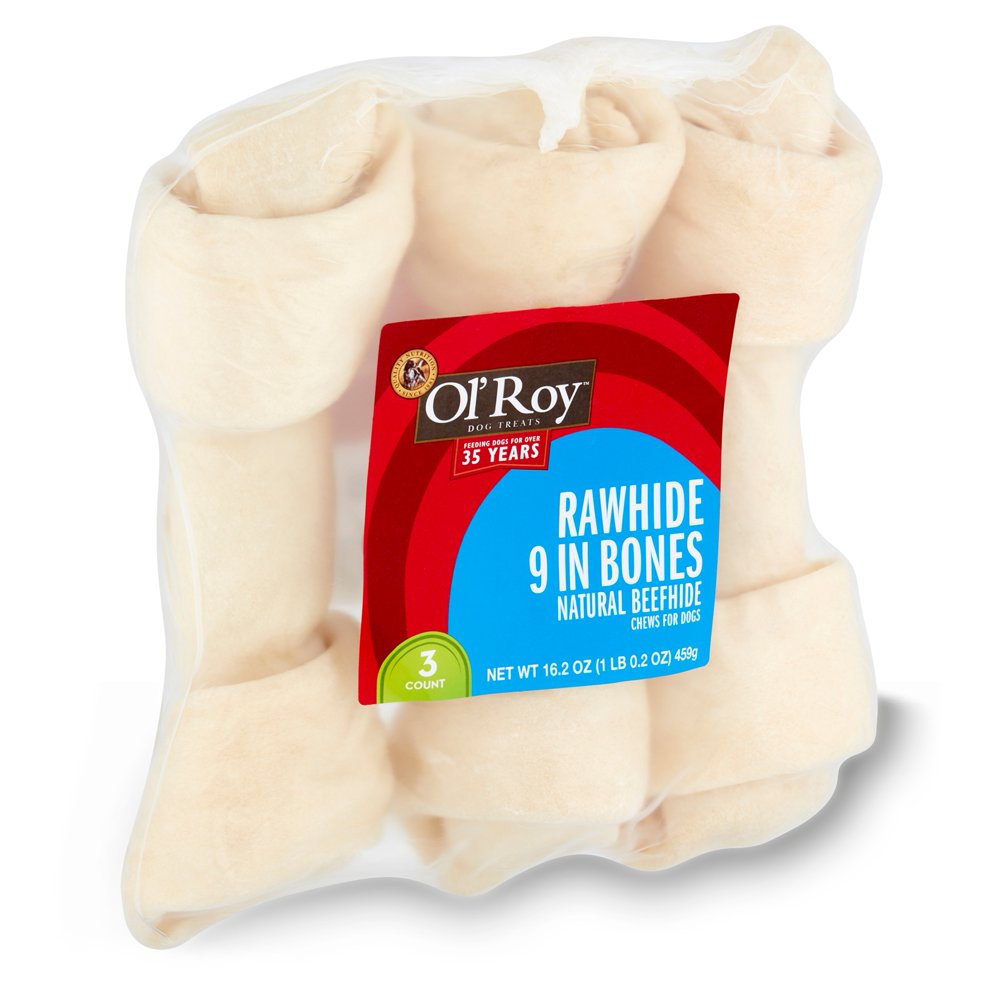 Ol' Roy Rawhide 9 In Bones Natural Beefhide Chews for Dogs, 3 count, 16