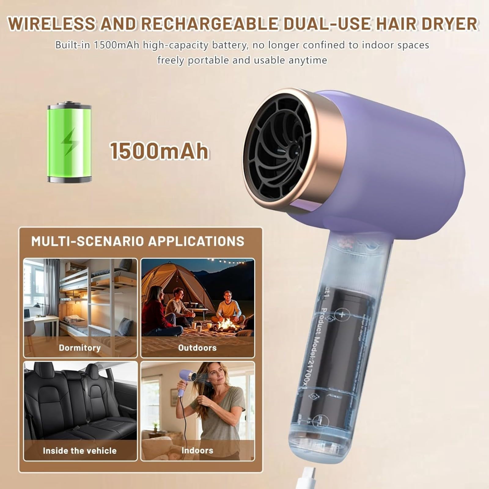 Cordless Rechargeable Hair Dryer With 3 Speeds And Heat Settings Portable Wireless Blow Dryer For Travel Home Gift, C