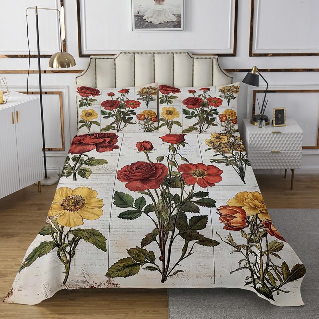 Erosebridal Floral Flower Coverlet Set King,Red Golden Bedding Set,Botanical Room Decorative,Ultra Soft,3 Pieces