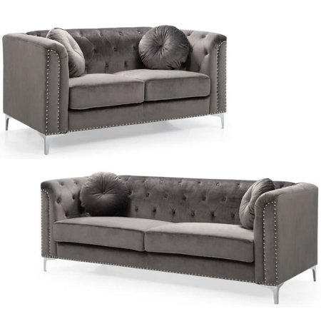 Home Square 2-Piece Set with Velvet Sofa and Loveseat in Dark Gray