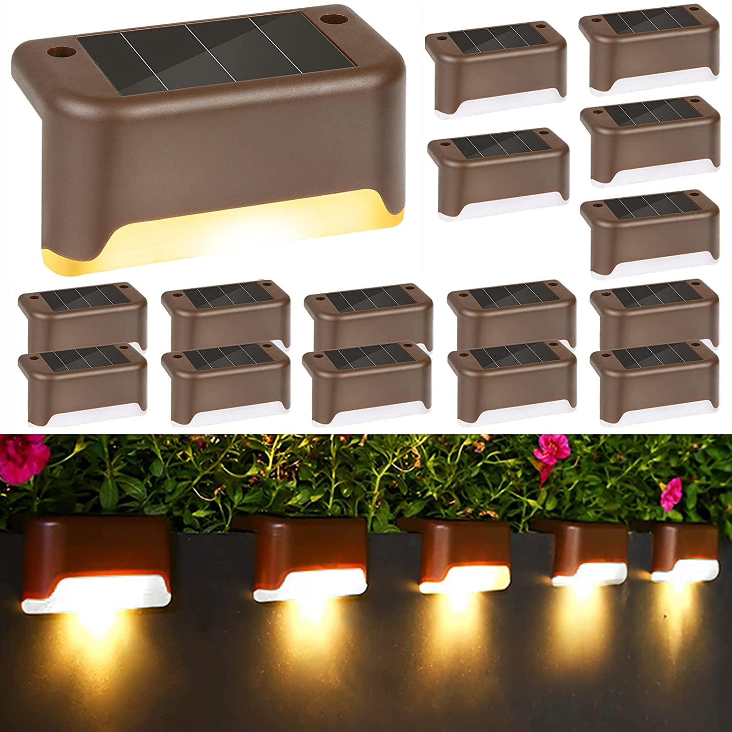 Morttic Solar Deck Lights Outdoor, 16 Pack Solar Step Lights LED Waterproof  Solar Fence Lights Stair Lights for Railing, Deck, Patio, Yard, Post and  Driveway, Warm White