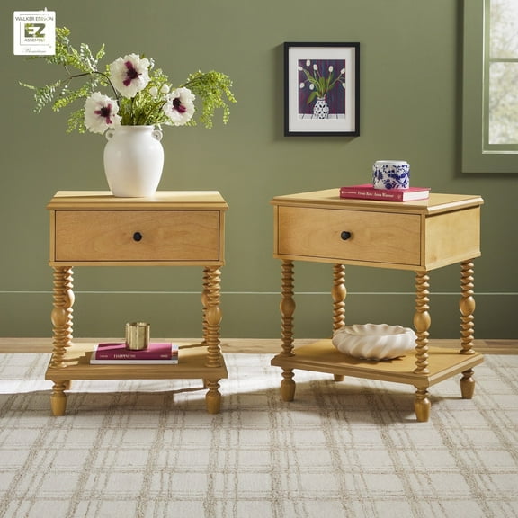 Vivienne Walker Edison Easy Assembly Solid Wood Spindle 1-Drawer Nightstand, Set of 2 - Natural