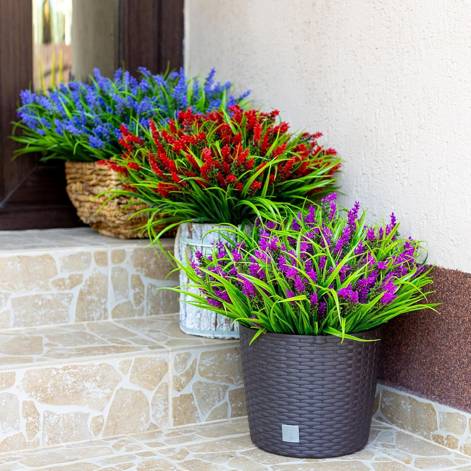 4PCS Artificial Flowers for Outdoors, Fake Lavender with Grass UV Resistant Plastic Faux Autumn Plants for Garden Thanksgiving Home Decor (Magenta)