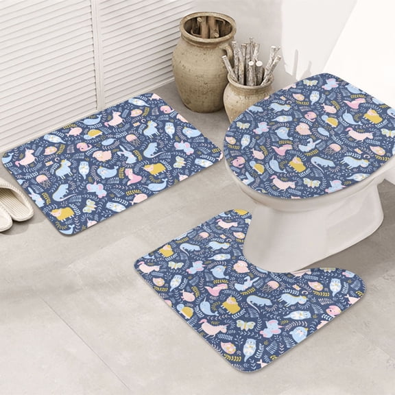Bathroom Rugs Sets 3 Piece - Cute Baby Animals Absorbent Non Slip Bath Mats, U-Shape Toilet Lid Cover, Contour Mat, Soft Washable Shower Mats Bath Rug Mat for Bathroom Tub Toilet