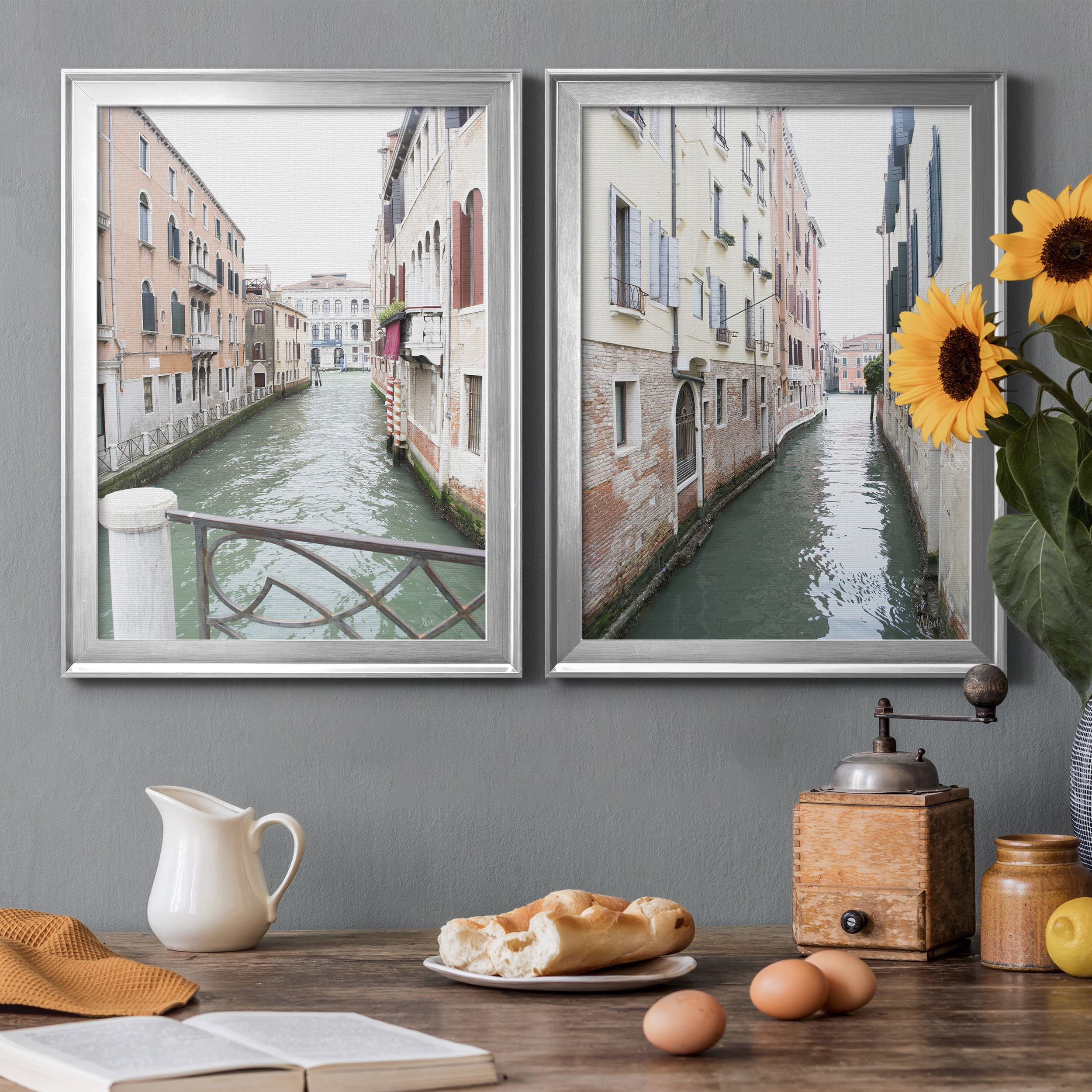 2 Piece Set Venice Canal I Premium Framed Canvas - Ready to Hang - 22.5 x 30.5 Each - Silver Frame