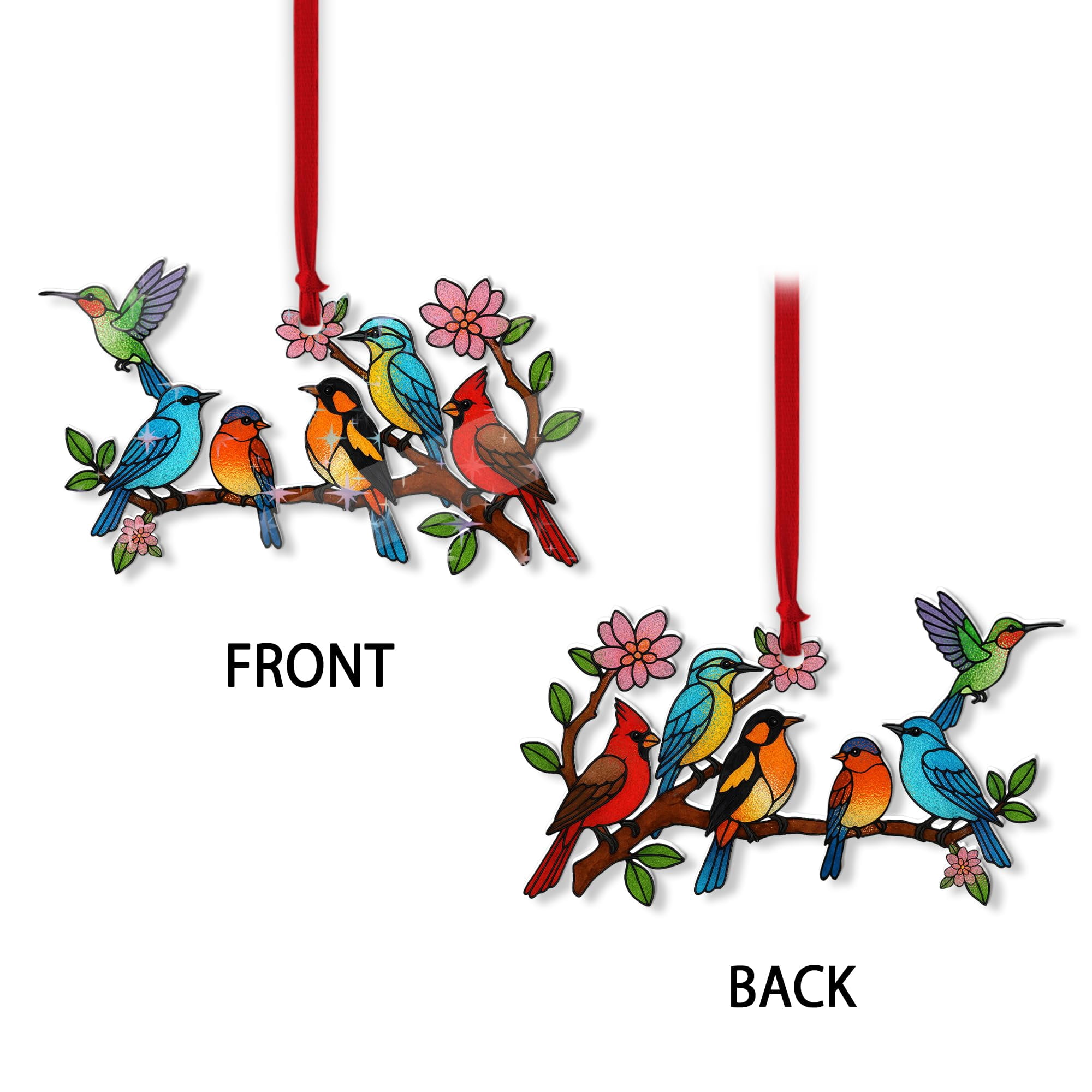 Hologram Bird On Branch Ornament Colorful Stained Glass Style Hanging Decoration for Christmas Tree, Window or Garden – Decorative Acrylic Birds Ornament Gift for Bird Lovers