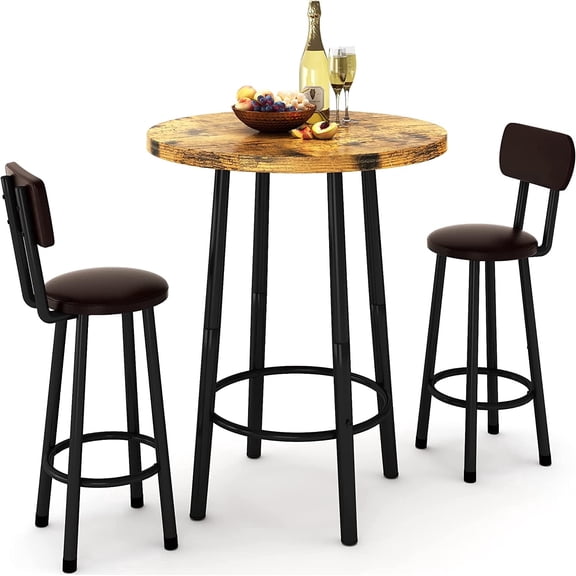 Cvortll 3 Pieces Bar Table Set, Bistro Kitchen Table Sets with 2 PU Leather Bar Stools, Wood Pub Bar Table Set for Breakfast Nook Small Space Restaurant, Round Table