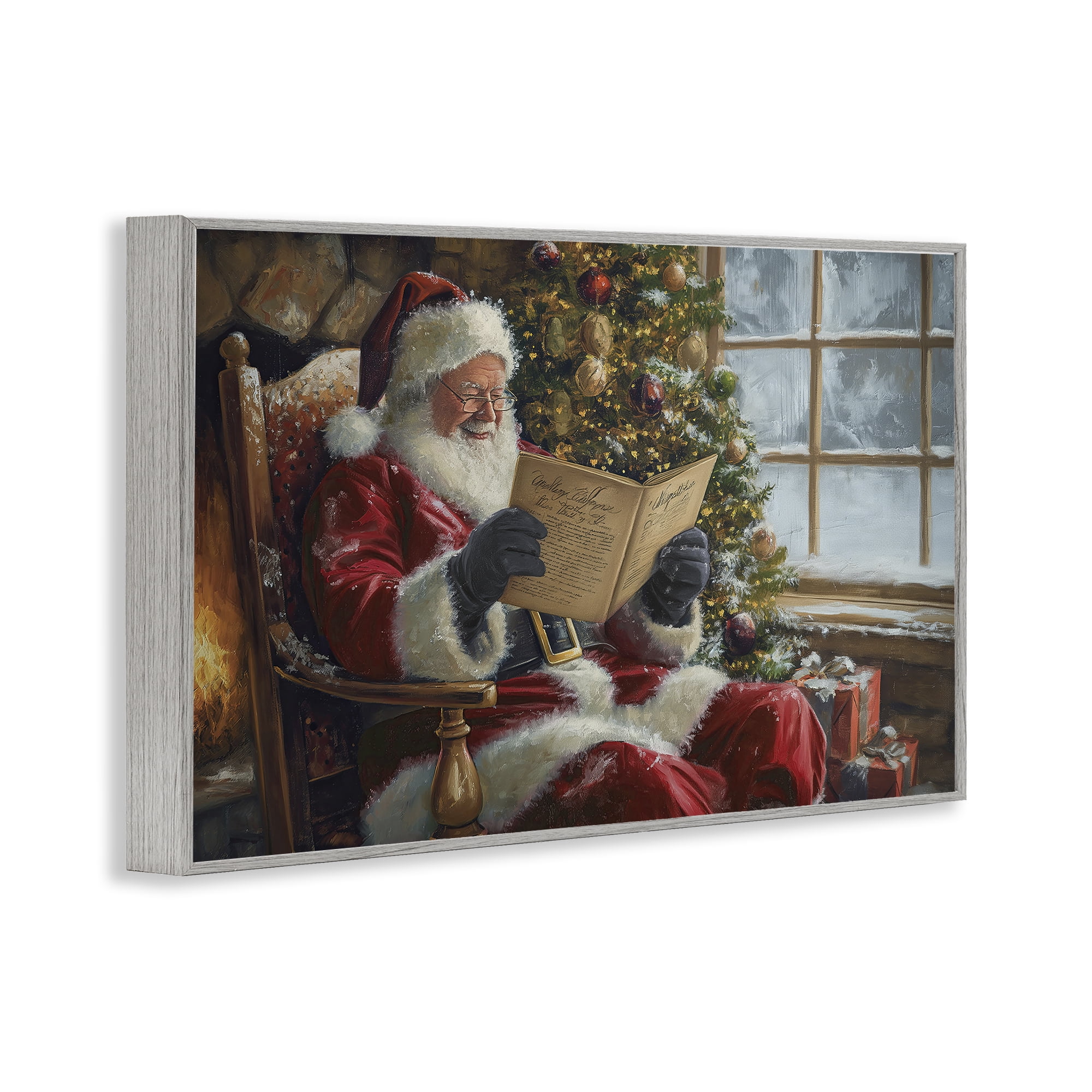 Stupell Industries Cheerful Santa Reading Holiday Painting Gray Framed Art Prints Wall Art, 24 x 16