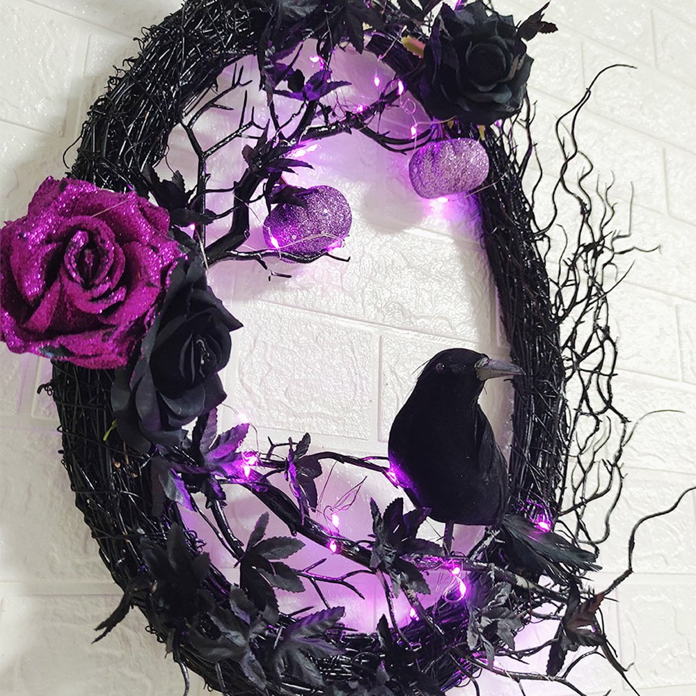 Couronne De Porte D'Halloween Avec Corbeau - Couronne De Fleurs Séchées - Guirlande LED Noire - Couronne D'automne Artificielle Pour La Maison, La Ferme Et Les Décorations D'Halloween