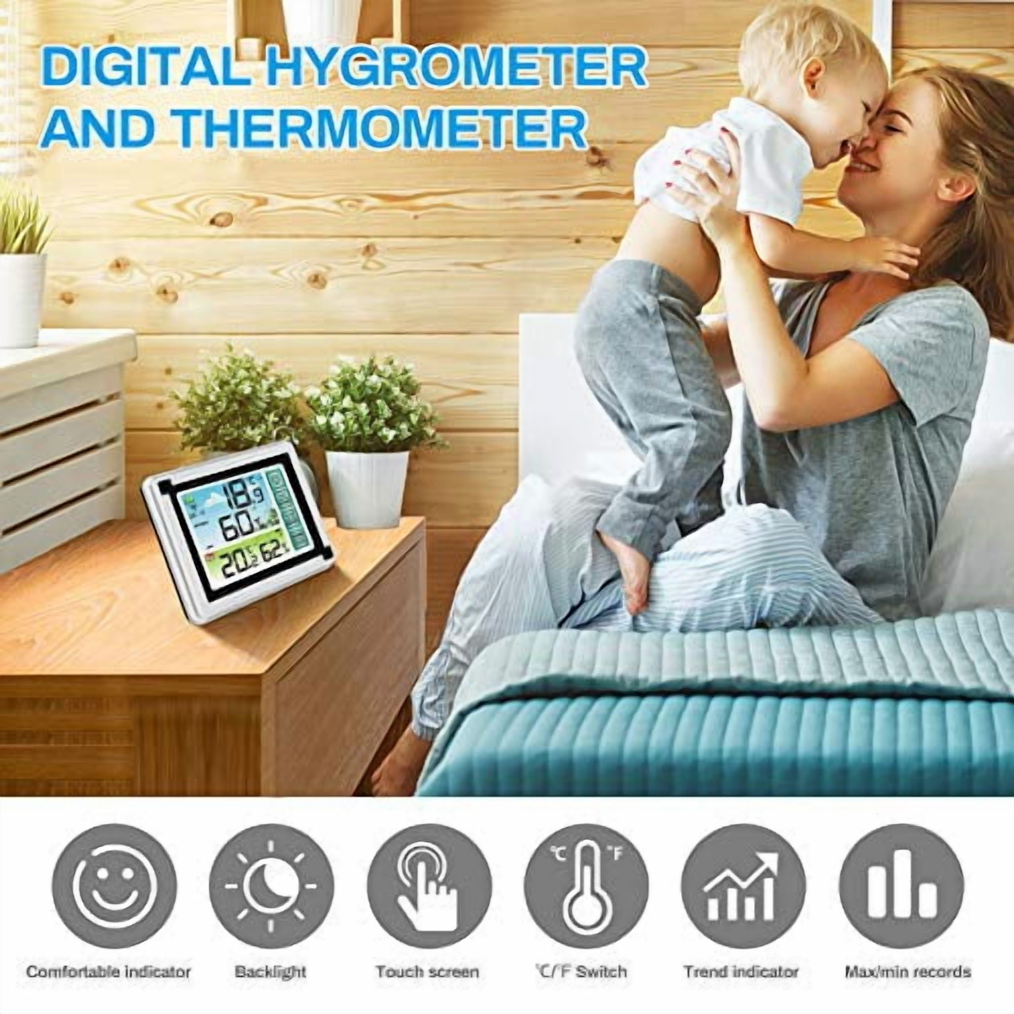 Wireless Weather Station Indoor Outdoor Thermometer with Remote Sensor,Digital Temperature and Humidity Monitor with LCD Backlight,Touchscreen,Min/Max Records for Home,Office,Baby Room