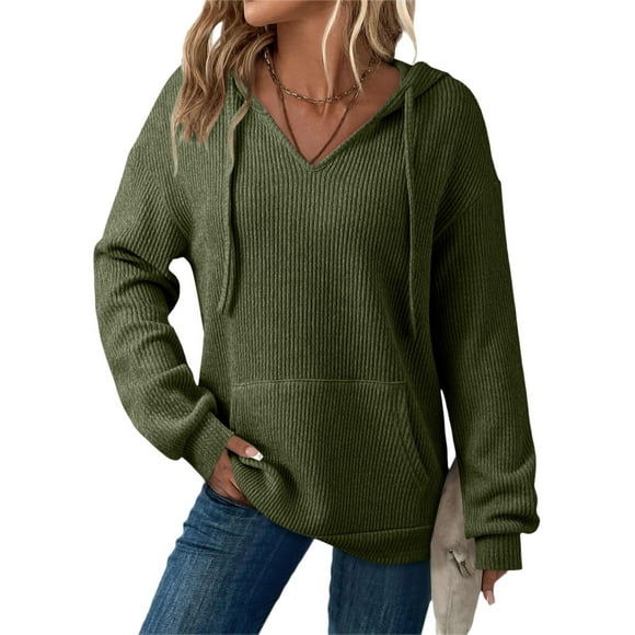 Xdegoge Womens Hoodies Sweatshirts Oversized Sweatshirts Ribbed Knit Long Sleeve Drawstring V Neck Casual Pullover Sweatshirt Hooded Tops Plus Size Fall Winter Clothes with Pockets Army Green S