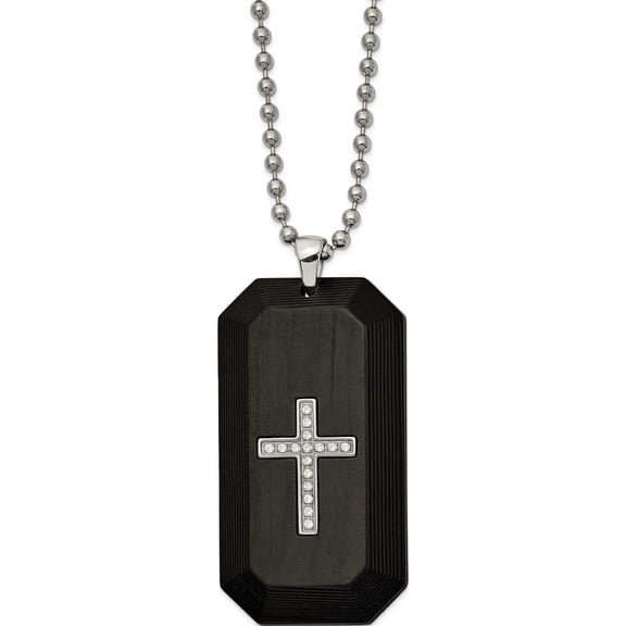 Stainless Steel Polished With Solid Carbon Fiber & Cz Cross Dogtag Necklace (24 X 24.06) Made In China srn2627-24
