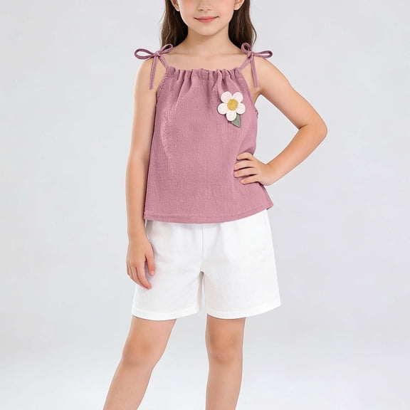 Cethrio Girls Summer Outfit Sets, Sleeveless Fashion Two-piece Casual Tops and Shorts Set Pink Size 7-8 T