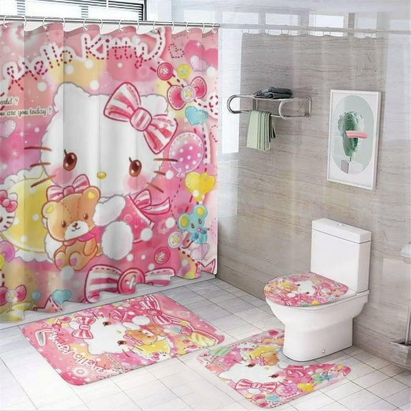 4 Piece Shower Curtain Set with Rugs Hello Kitty Shower Curtain Bathroom Sets Decor Waterproof