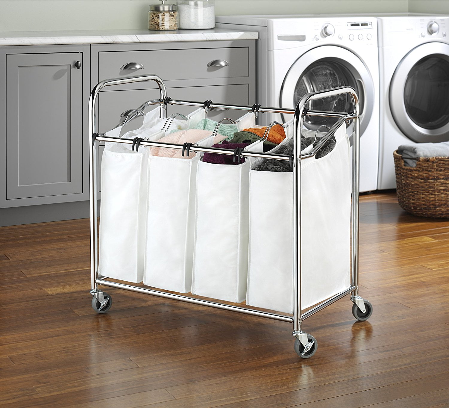 Whitmor Rolling Laundry Sorter 4 Removable Heavy Duty Bags Chrome