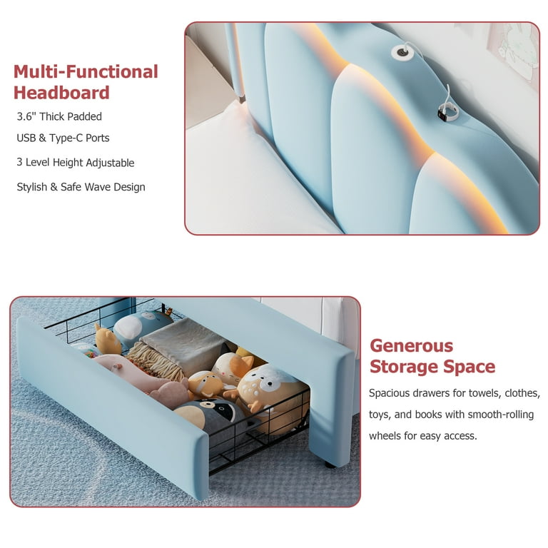 Cocosity Twin Bed Frame, Blue Velvet Upholstery, LED