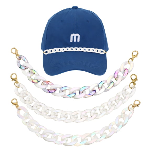 Uxcell 3Pcs Trucker Hat Chains, Acrylic Chain Hat Accessories Bill Decoration for Women Men Caps DIY Mesh Baseball Cap Sports Game Day Decorations (Transparent Iridescent Series)