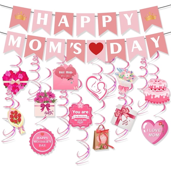 Mother's Day Party Decorations Set, Happy Mother's Day Banner, Best Mom Garland & Foil Hanging Swirls, Mother's Day Party Supplies