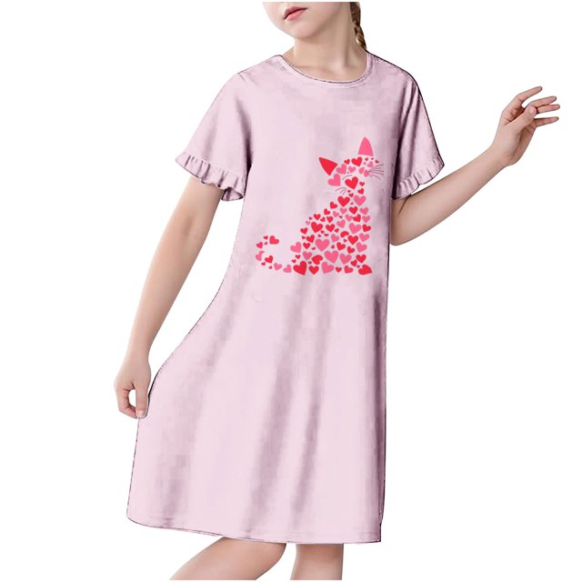 RXIRUCGD 2025 Vêtements d'Été pour Enfants 3-12 Ans Mode Imprimée Pyjama Rêveur Mi-Mollet Chemise de Nuit