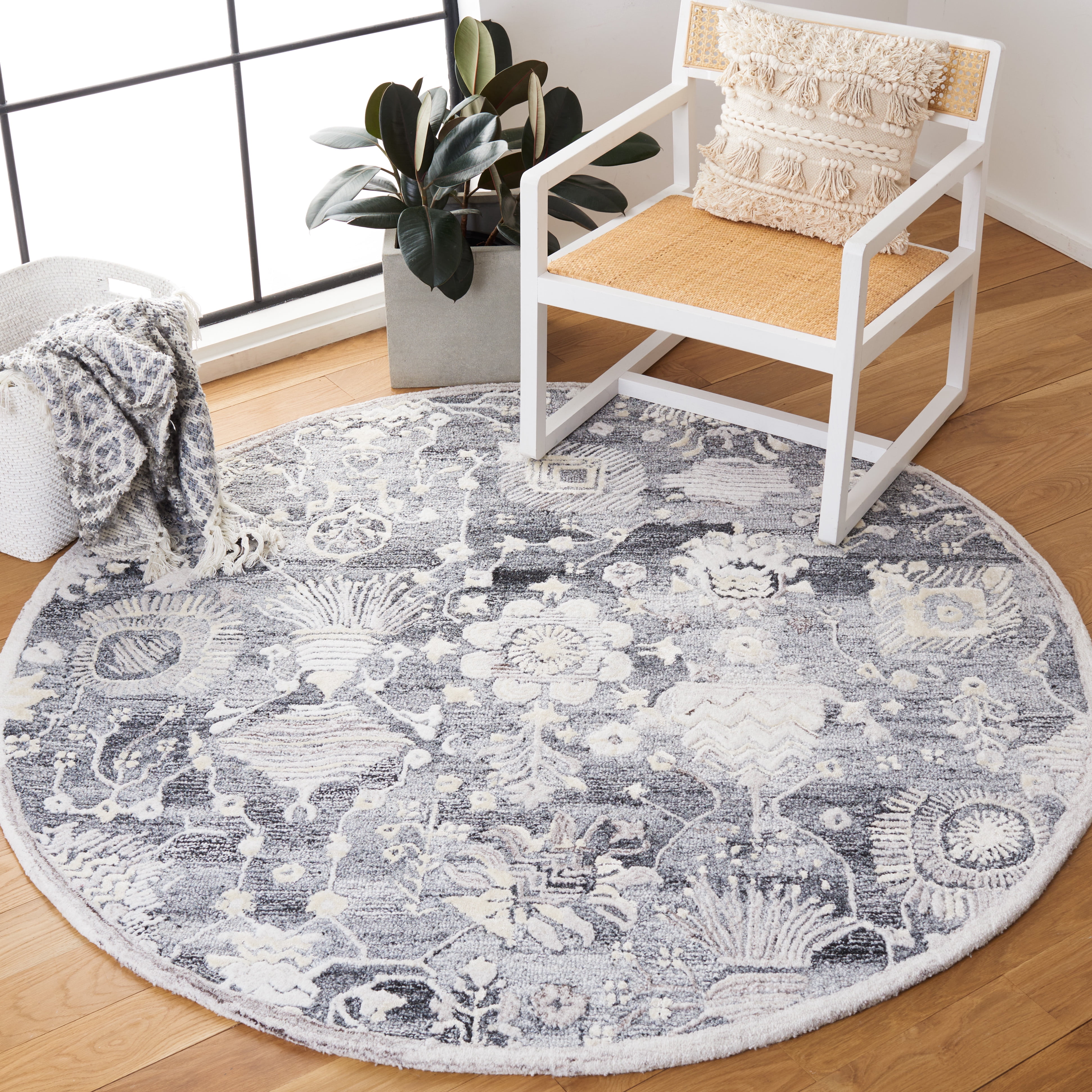 SAFAVIEH Glamour Quinten Floral Area Rug, Grey/Ivory, 6' x 6' Round