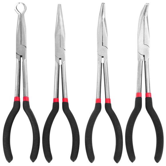 PinesC Long Reach Needle Nose Pliers, 4 Pcs 11-Inch Long Needle Nose Pliers Hose Grippers Set with Pouch, Includes Straight Angle, 45, 90 Degree, O-Typed Long Reach Pliers for Narrow Spaces