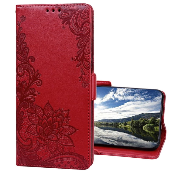 TECH CIRCLE for Samsung Galaxy S22 Ultra Wallet Case, Premium PU Leather Embossed Lace Flip Case with Wallet Cart Slot and Kickstand Shockproof Protective Case for S22 Ultra 2022 Women Men, Red