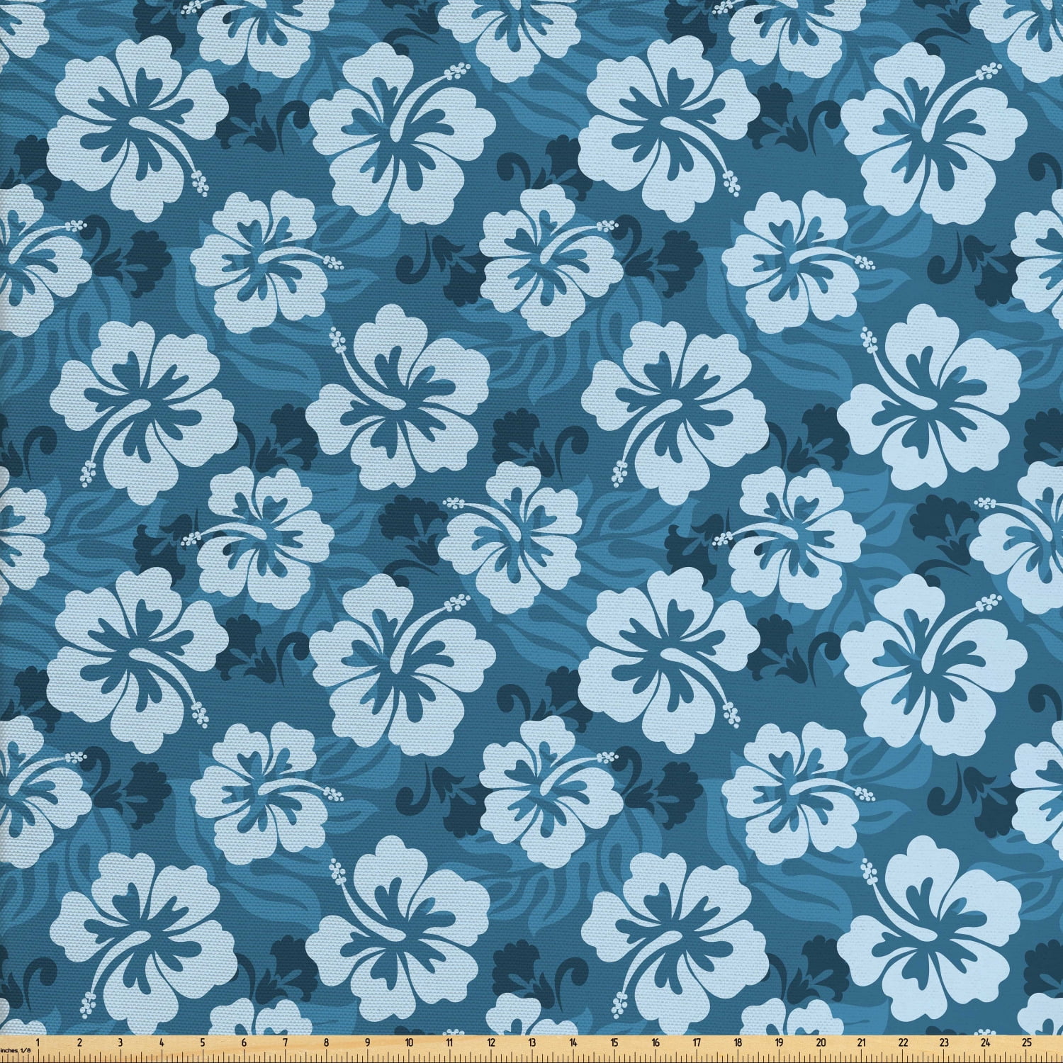 Blue Fabric by The Yard, Pattern of Hawaiian Hibiscus Flowers and