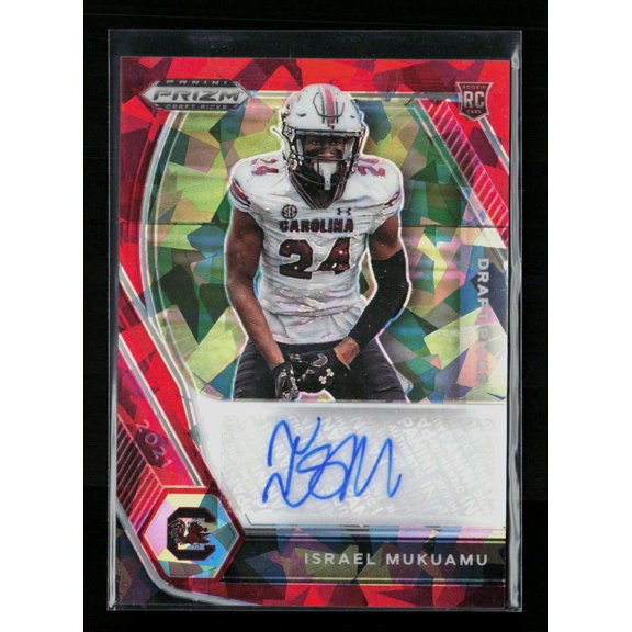 Collectible 2021 Panini Prizm Draft Picks Red Cracked Ice RC Israel Mukuamu #DPA-ISM Auto South Carolina Gamecocks NCAA Autographed Football Trading Card