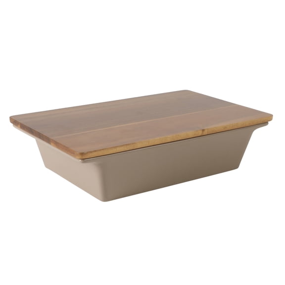 Gibson Elite 2.75-Quart 13.5" x 8.5" Stoneware Baking Dish with Acacia Wood Lid – Taupe Rectangular Oven Safe Baker for Casseroles, Roasting & Serving