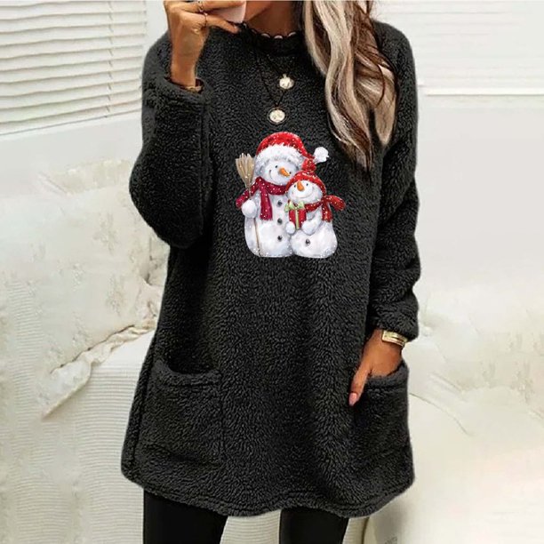 Puntoco Suéter Mujer Cuello Redondo e Invierno Suelto Estampado Bolsillo Cálido Manga Larga Blusa Tops Navidad Liquidación Puntoco Puntoco-951