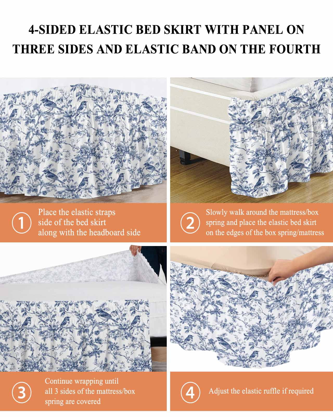 Blue Botanical Bed Skirt Queen Size, Vintage Botanical Birds Wrap Around Bed Skirting with Adjustable Elastic Strap, Dust Ruffle Pleated Bedskirts 16 Inch Drop for Bedroom Queen Beds