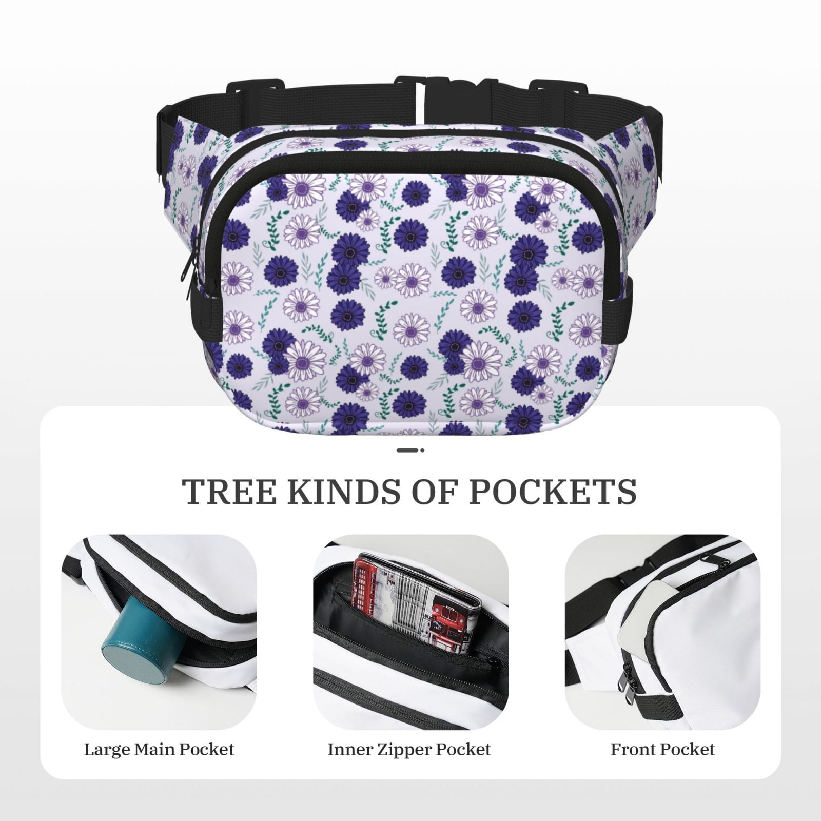 Picia Daisies Flowers Print Square Double-Layer Waist Bag Mini Adjustable Waist Belt Bag Exercise Running Travel Hiking