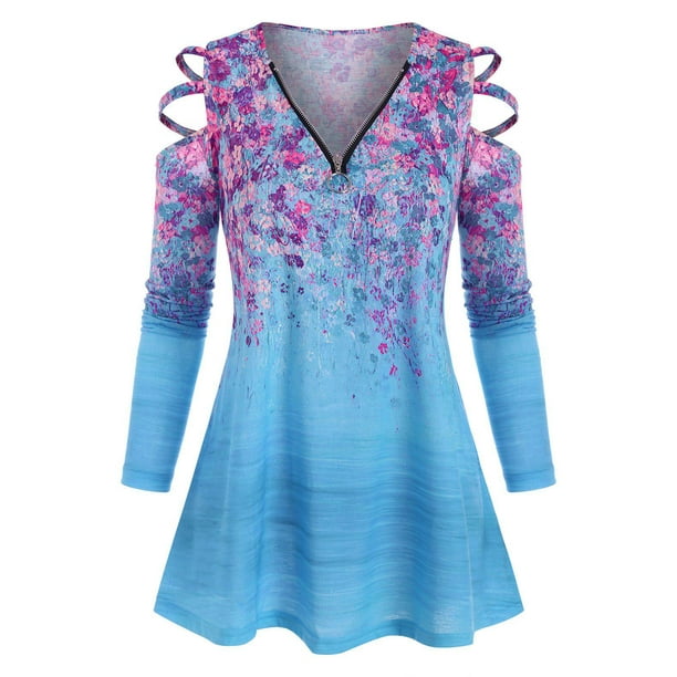 Tallas grandes con cremallera en V cuello floral escalera recortado frío hombro superior Rosegal Mangas largas de talla grande