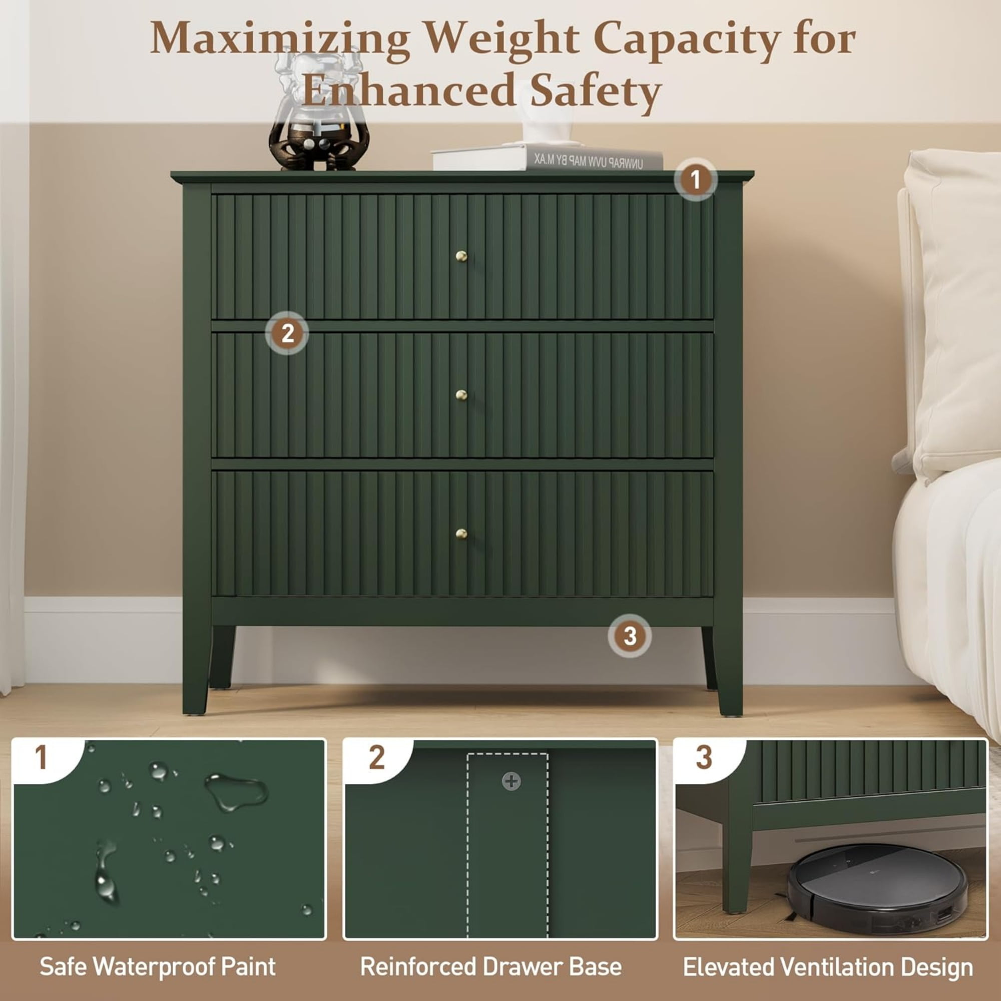 Cozy Home Green 3 Drawer Dresser, Painted 30" Nightstand with Storage, for Bedroom Hallway Living Room