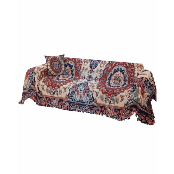 Red Navy Blue Boho Sofa Covers for 3 Cushion, Washable Couch Cover for Sectional Sofa Slipcovers with Tassel, Vintage Ethnic Geometric Loveseat Covers Futon Cover Blanket 71''x118''