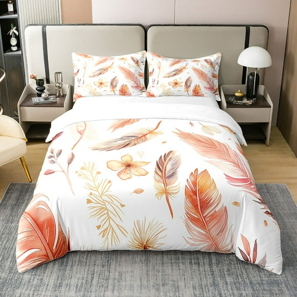 YST 100% Cotton 3D Feather Bedding Set For Young Adult Teens,Vintage Feather Duvet Cover,Cute Floral Comforter Cover,Autumn Rustic Romantic Quilt Cover,Bedroom Decor Twin Size 2Pcs