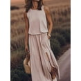thumbnail image 4 of Women's Crew Neck Sleeveless Elastic Waist Slit Maxi Dress Khaki S, 4 of 6