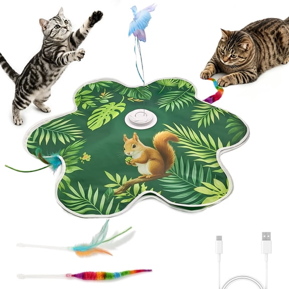Suntomo Interactive Hide & Seek Cat Toy Mat– Upgraded Butterfly Streamer & Six‑Point Squirrel Pattern Mat, Rechargeable Touch‑Activated Automatic Feather Wand with 3 Speeds for Indoor Kittens
