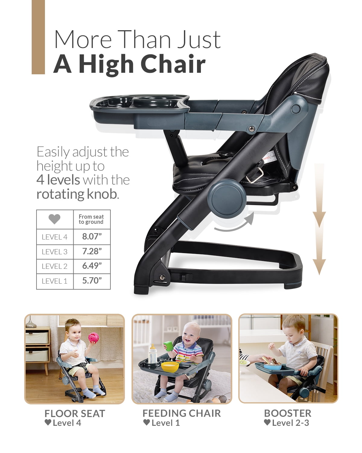 Unilove Feed Me 3-in-1 Dining Booster Seat for Infant and Toddler, Bubble Black