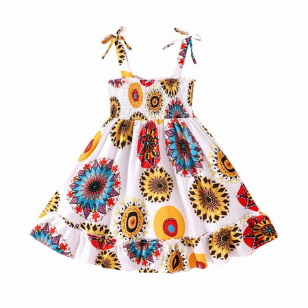 

HIBRO Baby Girls Dress Ethnic Style Print Ruffles Sling Dress Summer Clothes 1 To 7 Years Girls Rosette Dress Girls Rainbow Dress Size 7