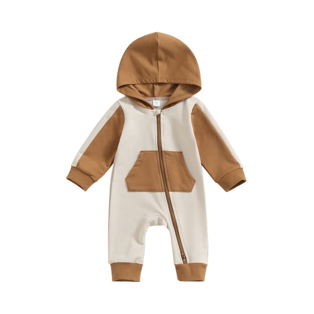 ZAXARRA Newborn Infant Baby Full Length Jumpsuit Contrast Color Hood Long Sleeve Romper with Zipper