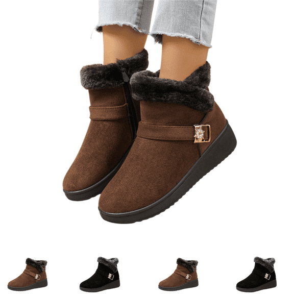 EKVAHL Snow Shoes for Women Fuzzy Faux Suede Ankle Booties Side Zipper Warm Lined Wedge Short Boots Lug Sole Anti-Slip Winter Walking Shoes Booties