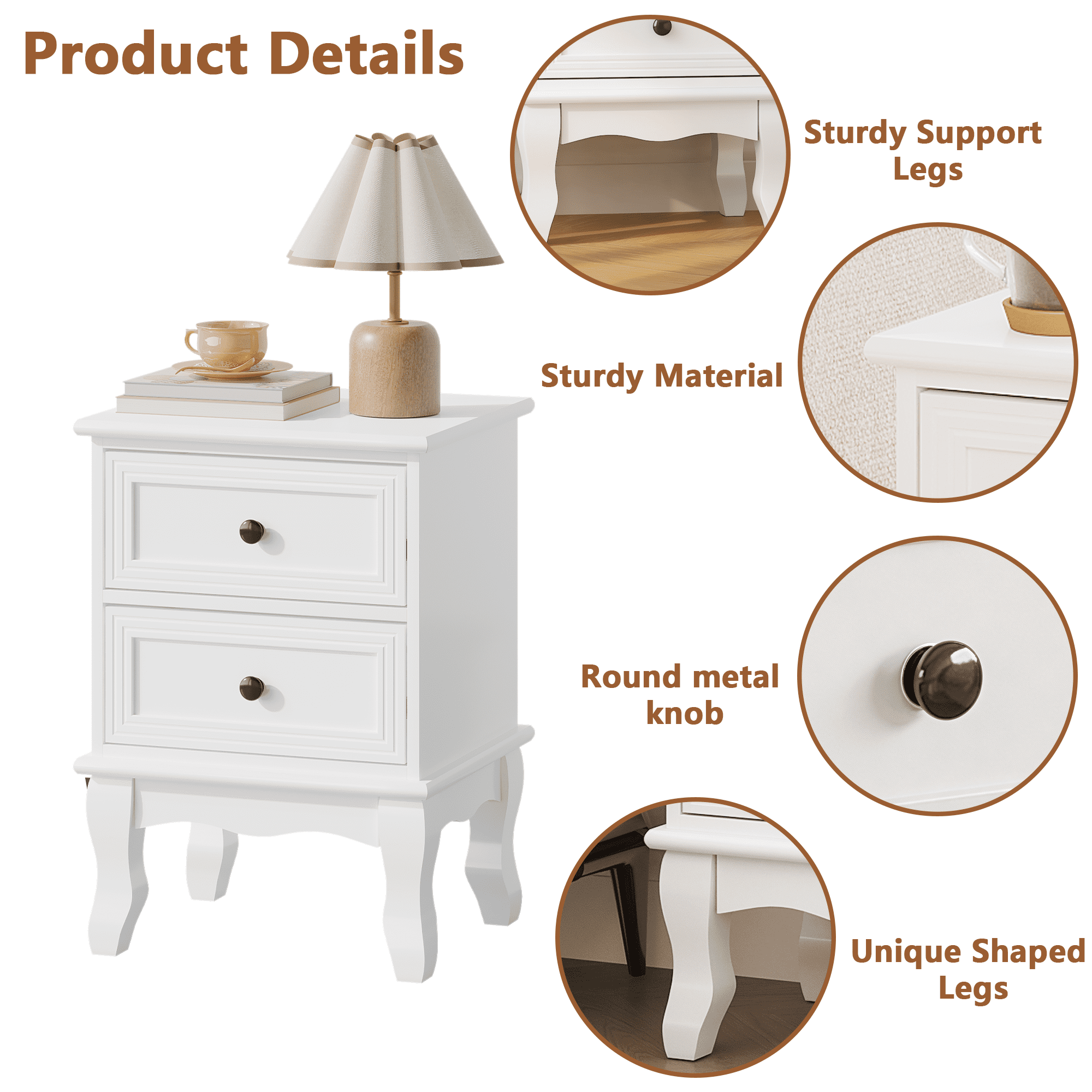 Modern White Nightstand with 2 Drawers, French Country Bedside Table with Elegant Carved Legs, Small End Table for Bedroom, Living Room, or Guest Room