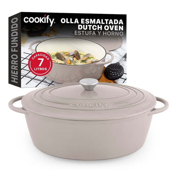 Olla de Hierro Fundido Esmaltado para Horno y Estufa Cookify (Taupe, 35 cm, Capacidad 7 Litros)