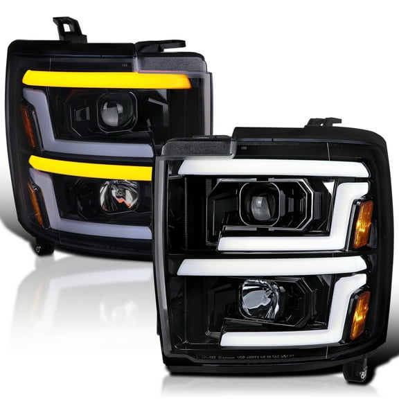 Spec-D Tuning Glossy Black Smoke Projector Headlights w/ Sequential Switchback LED Signal Lamps Compatible with 2015-2019 Chevy Silverado 2500HD 3500HD