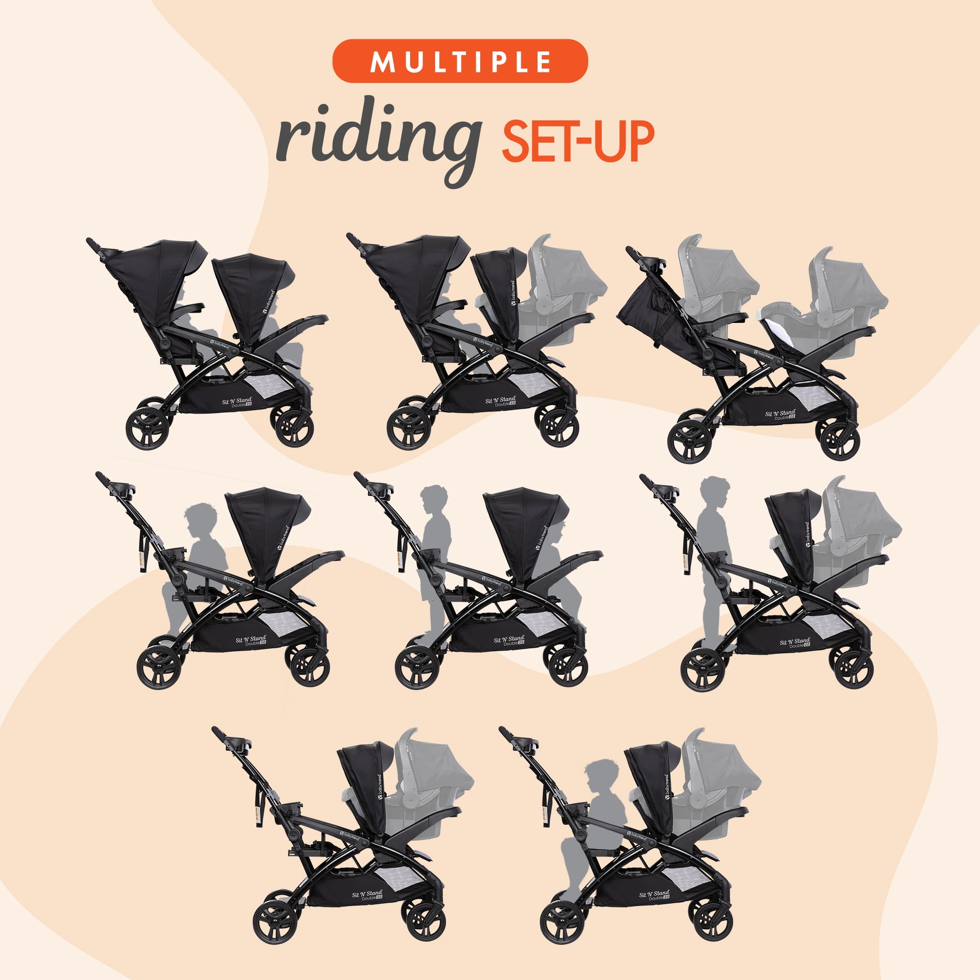Baby Trend Sit N' Stand Double Stroller 2.0 DLX w/5 Point Safety Harness, Stormy